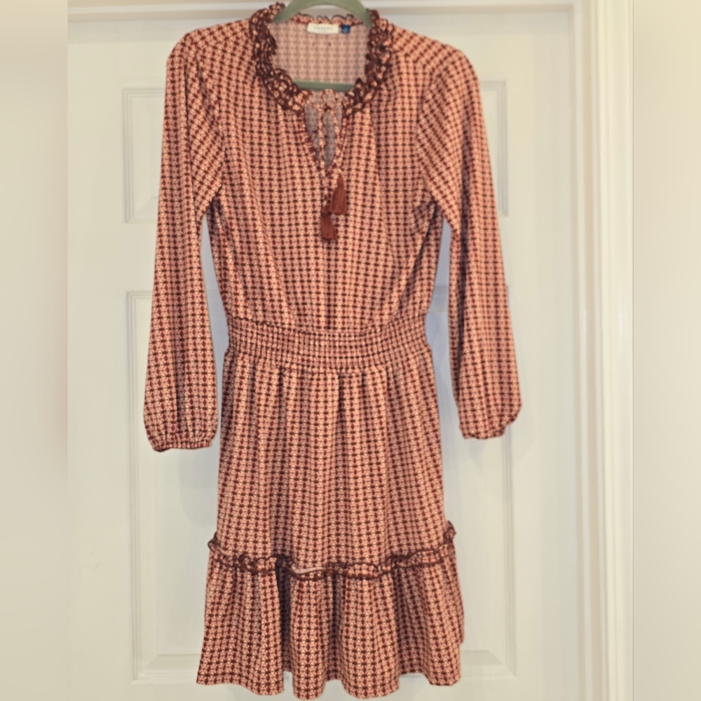 Cabana Life Maroon and Cream Long Sleeve Dress